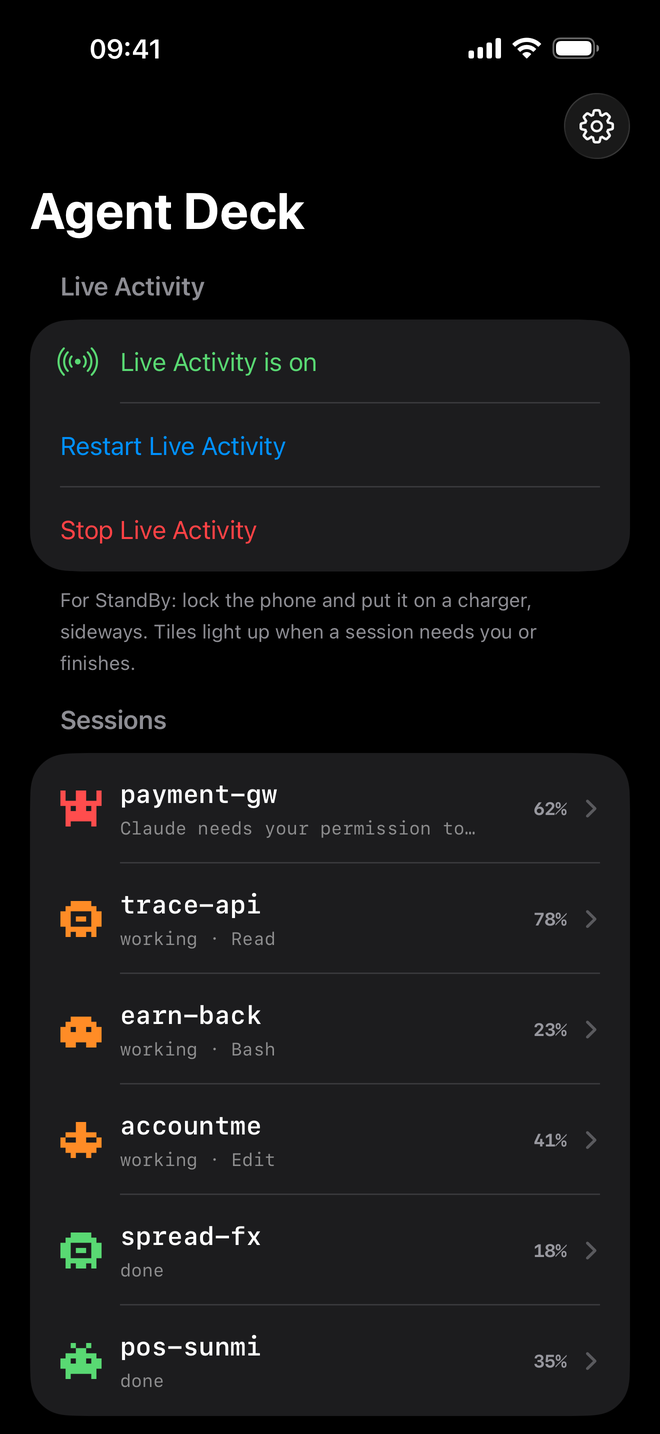Agent Deck session list showing each project's status and context use