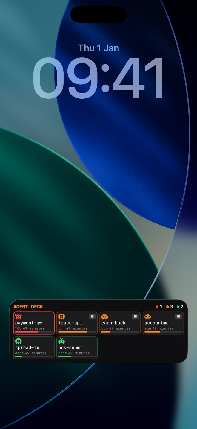 iPhone lock screen with the Agent Deck Live Activity: one session needs you, three working, two done